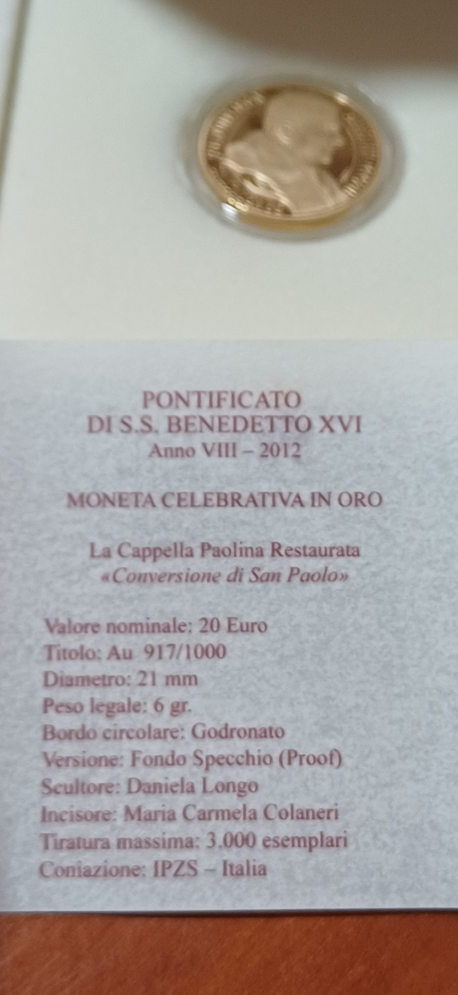 Moeda Ouro Vaticano Capela Sistina 2012