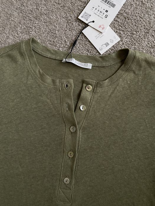 Лляне поло на гудзики, льняне поло жіноче, оливкова футболка Zara льон