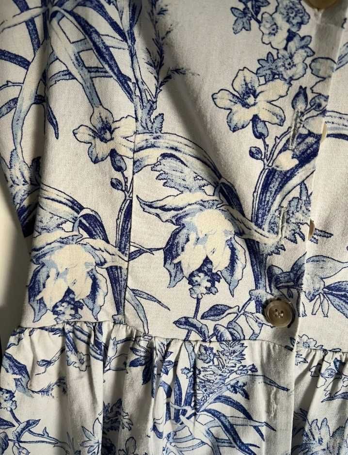 H&M biala w niebieskie kwiaty lniana sukienka na lato r.44