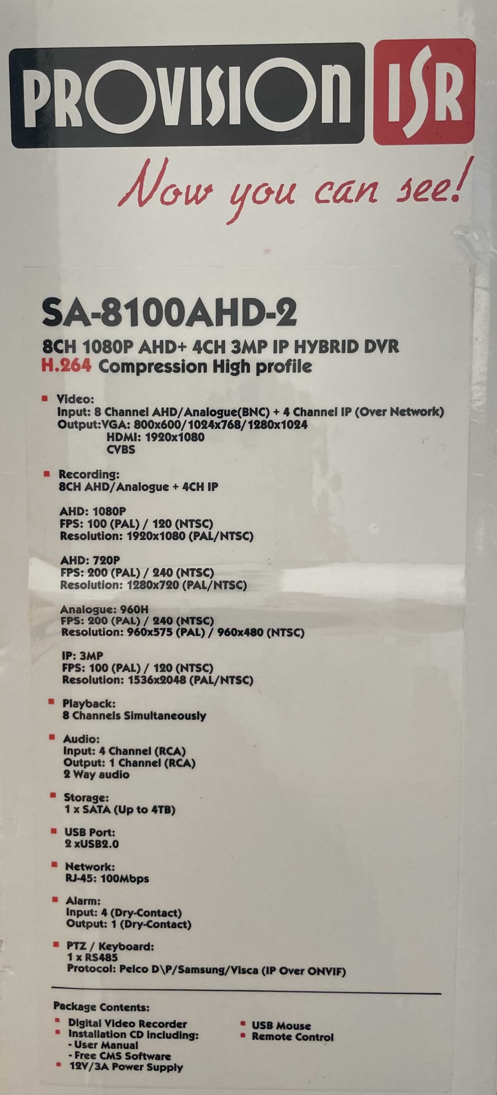 Rejestrator hybrydowy Provision SA-8100AHD-2 na 8 AHD i 4 IP