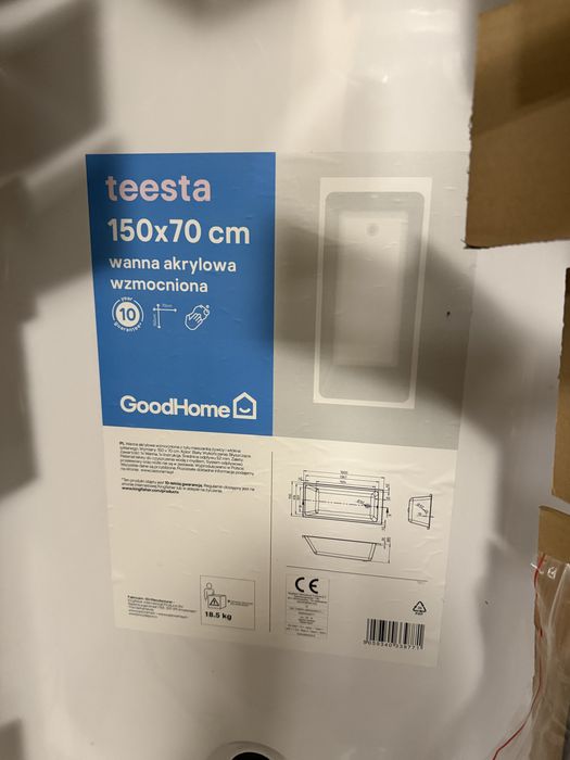 Nowa wanna do zabudowy 150x70 cm akrylowa Teesta
