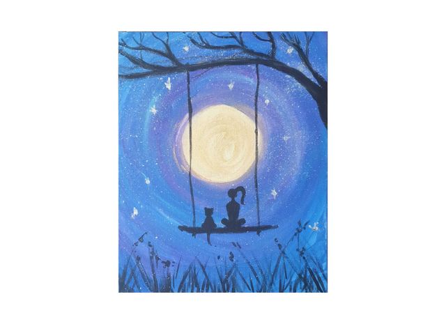 Obraz ręcznie malowany 24x30 "Noc" księżyc kot