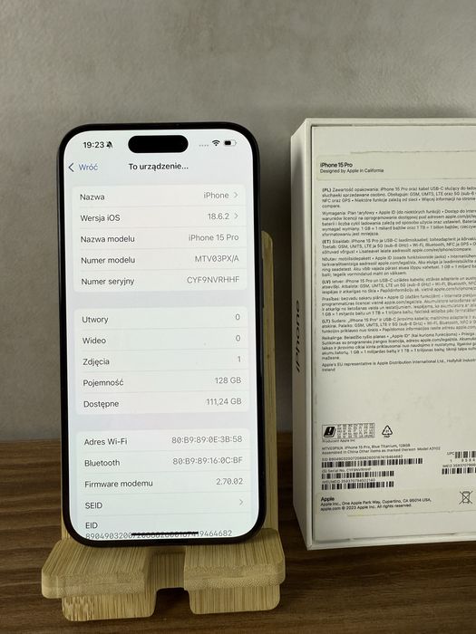iPhone 15 Pro 128GB Tytan Błękitny | ideał | dowód zakupu | zestaw |