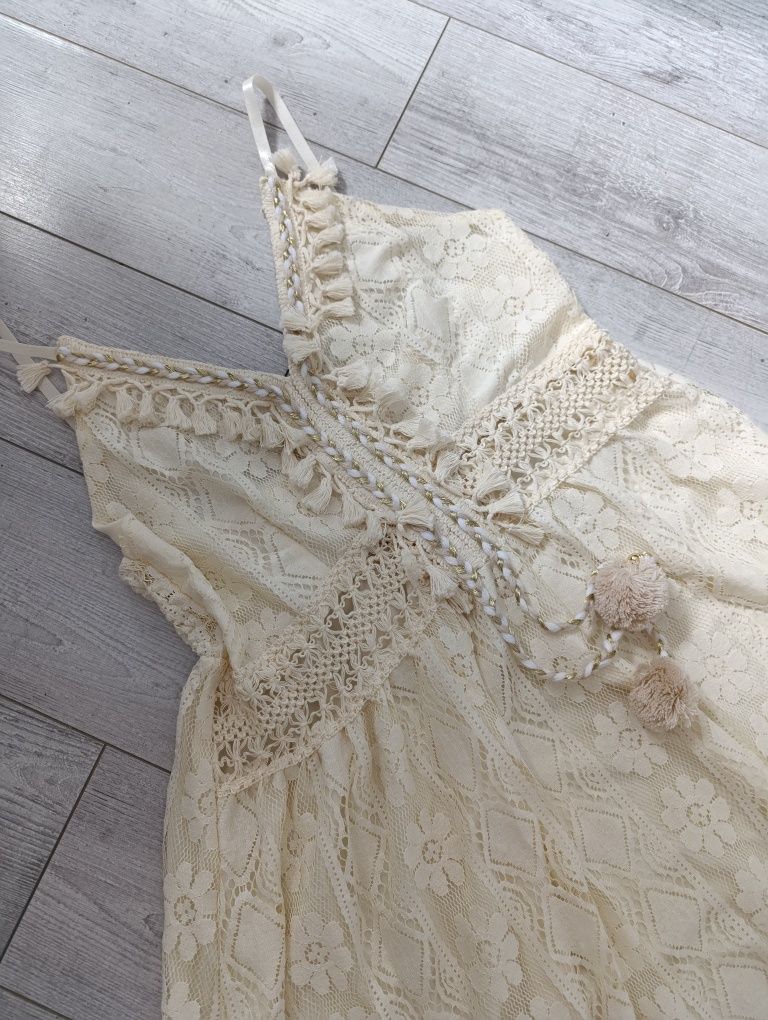 Sukienka kremowa koronkowa w stylu Boho asymetryczna nowa XL