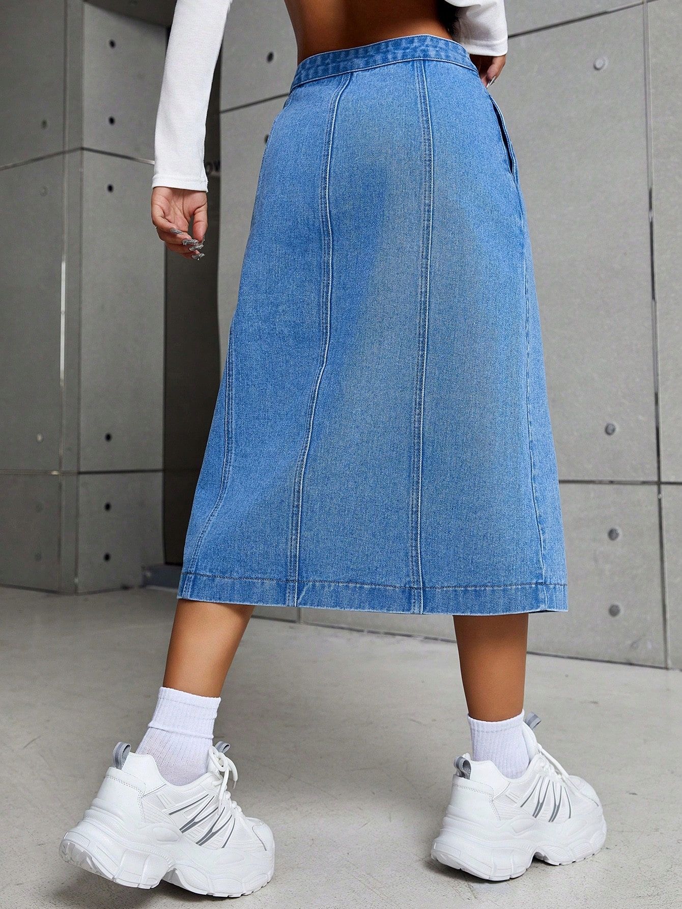 Spódnica Jeansowa Rozpinana Niebieska Midi Casual Shein M 38