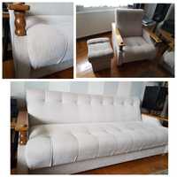 Zestaw wypoczynkowy kanapa i fotele dębowe podłokietniki tapczan