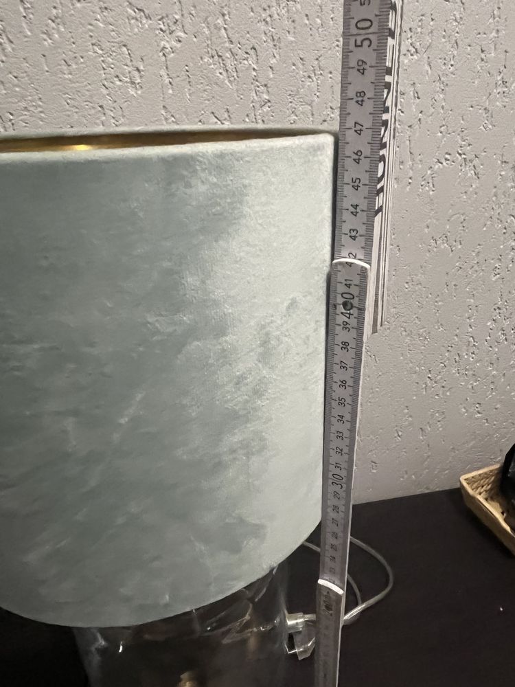 Lampa stolowa, lampka nocna, szklana, abażur materiał i stal