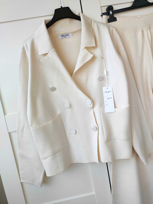 Elegancki zestaw sweterkowy sweter dzianina garnitur wide leg M L