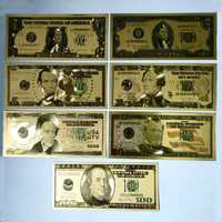 Золотая банкнота цветная 1-100$набор из 7 штук