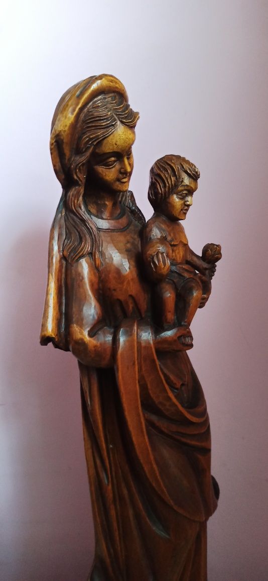 Figura Rzeźba Madonna z Dzieciątkiem Twarde dąb 63 c