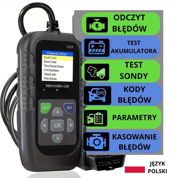 Interfejs diagonostyczny skaner OBD2 V119 Odczyt Kasowanie j.polski