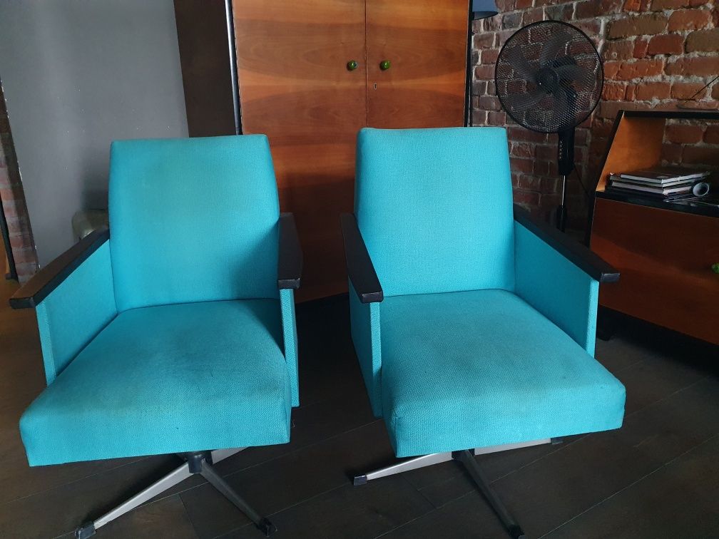 Fotel niebieski turkusowy PRL vintage komplet