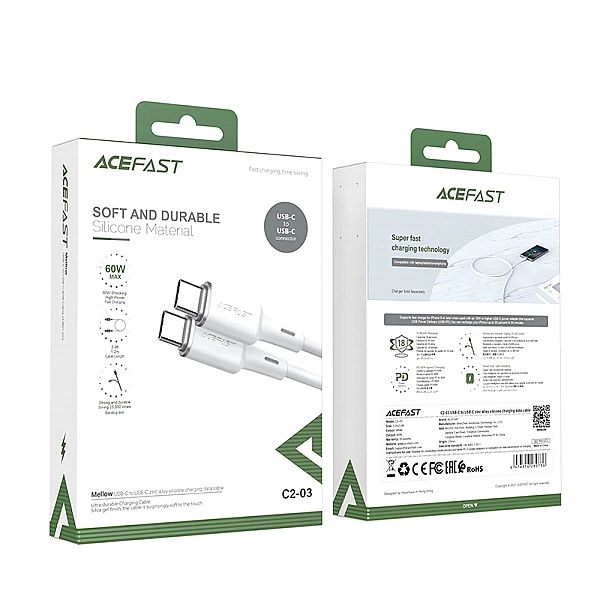 Kabel Acefast C2-03-C-C USB-C - USB-C PD QC 60W 3A 480Mb/s 1,2m - biał