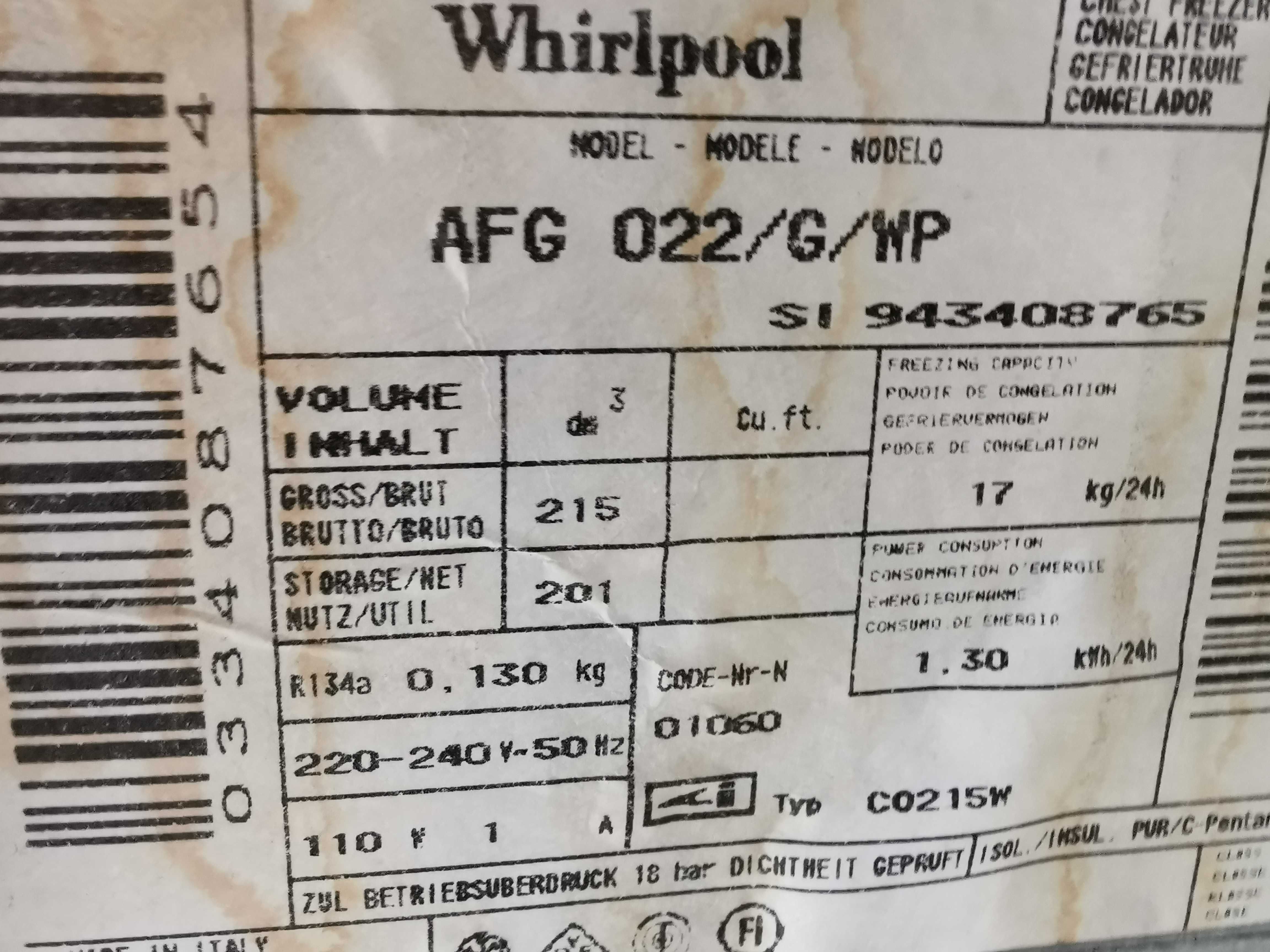 Zamrażalka Whirpool 215Lskrzyniowa do nabicia