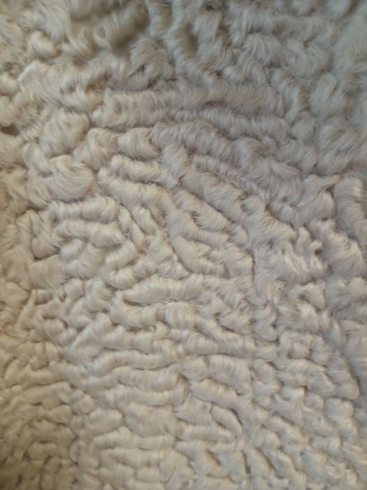 Ciekawe futro z beżowych karakułów z kołnierzem z lisa R xl-xxl