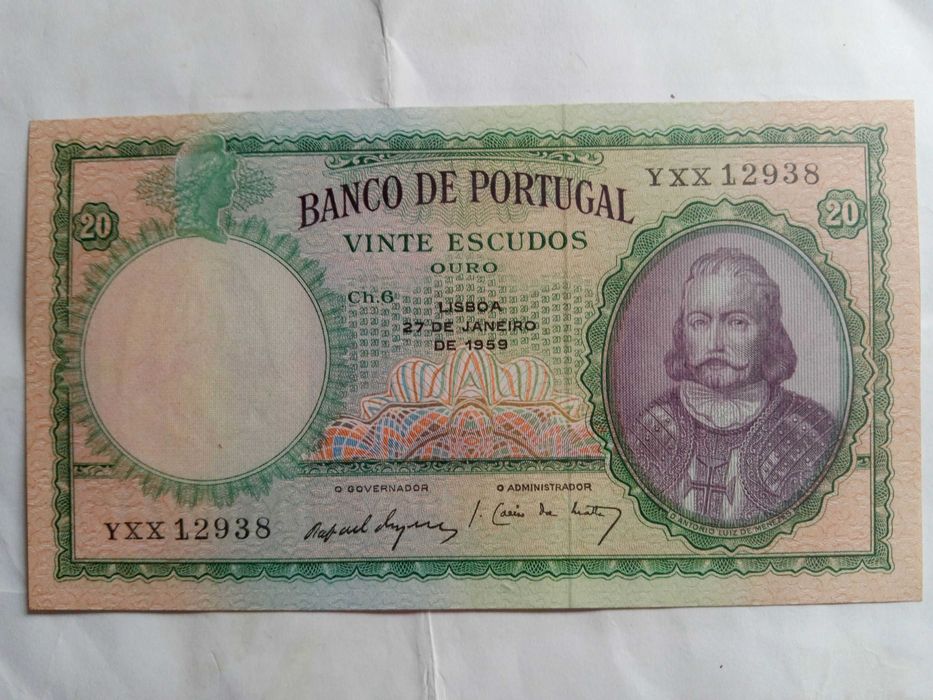 Nota 20 escudos Republica Portuguesa 1959.