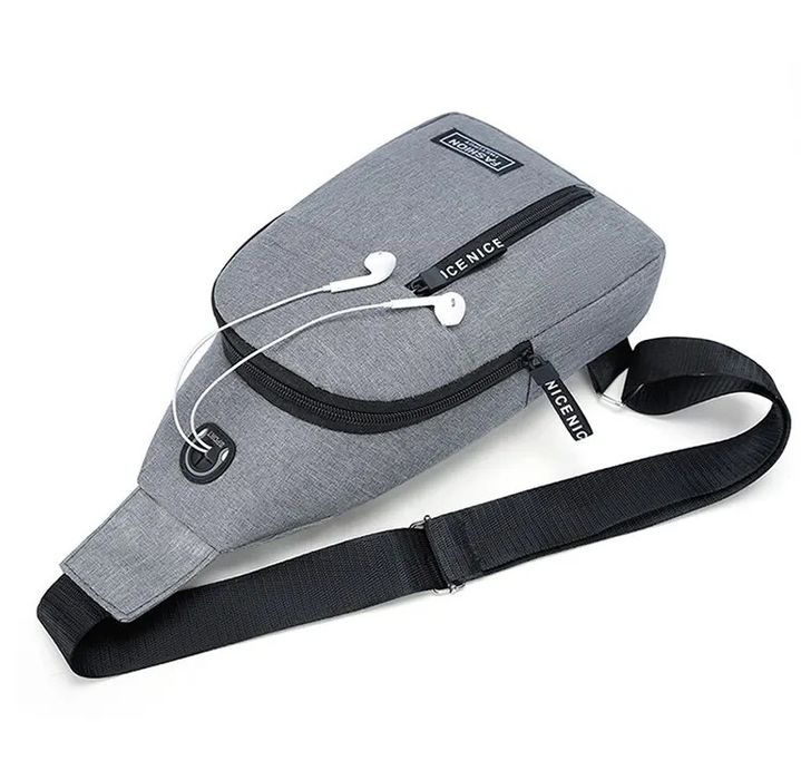 Męska torba na ramię z wyjściem USB - szara
