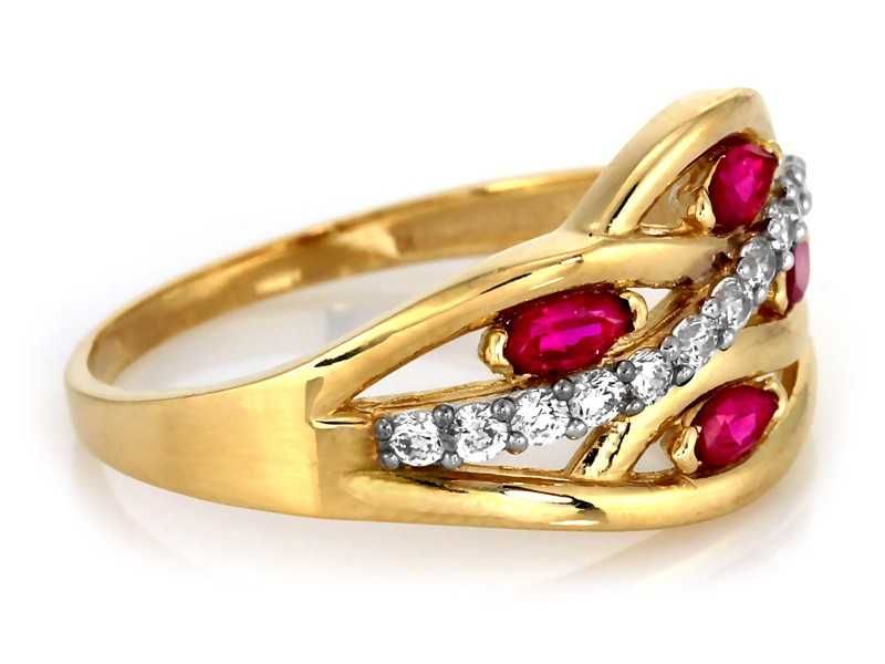 Złoty pierścionek z czerwonymi cyrkoniami rubinami PR 585