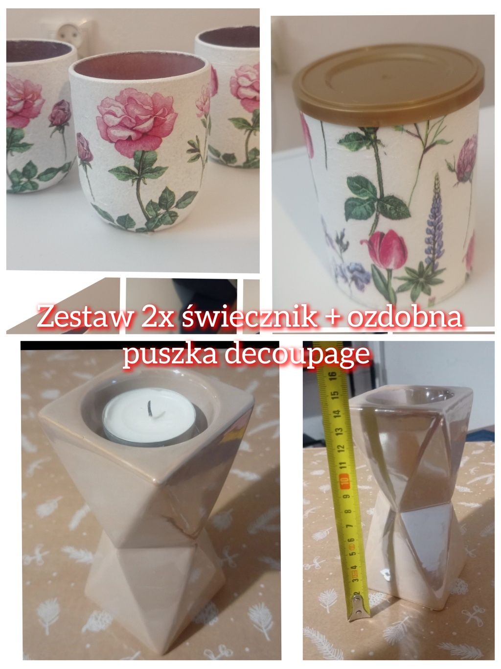 Świecznik X2 szt + puszka pojemnik ozdobna tealighty kwiaty decoupage