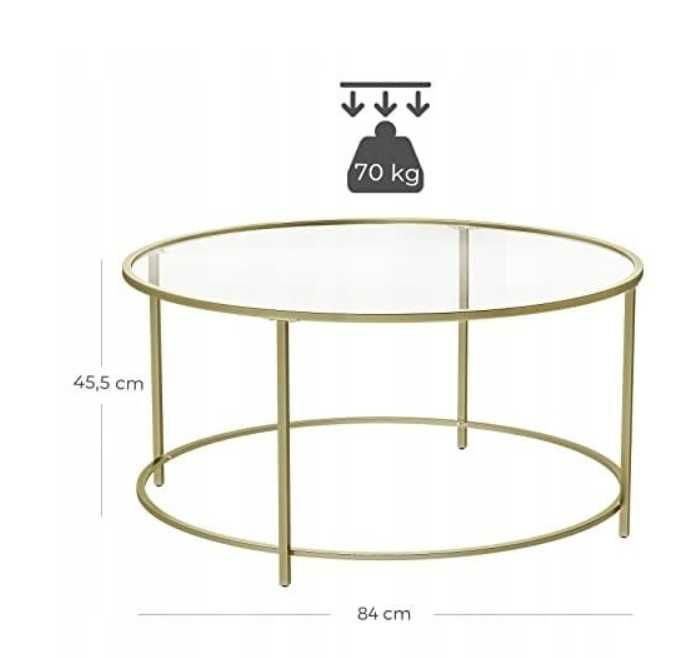 Elegancki stolik okrągły – szklany blat, złoty stelaż 84 cm