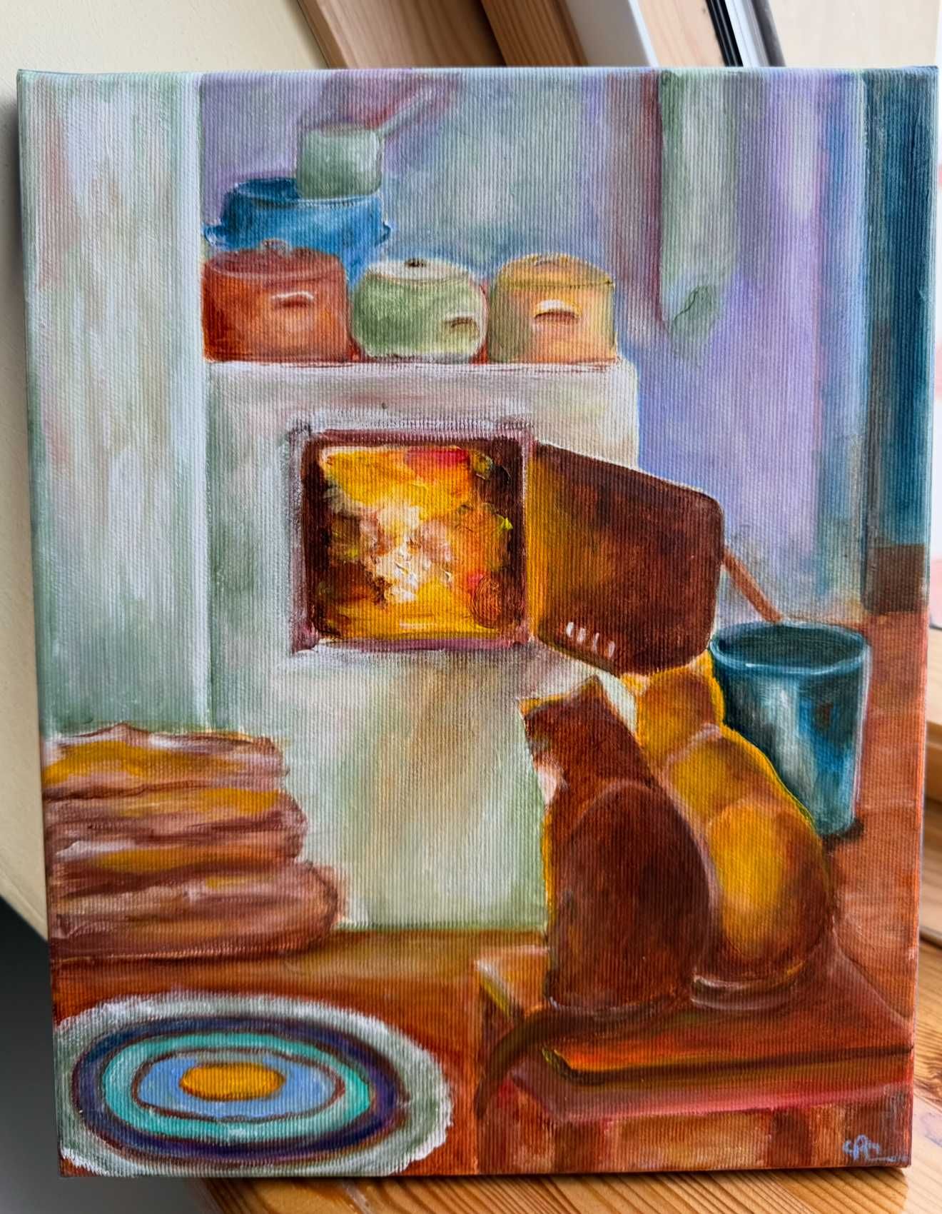 Obraz na płótnie. Akryl. 24x30cm. Koty przy piecu.
