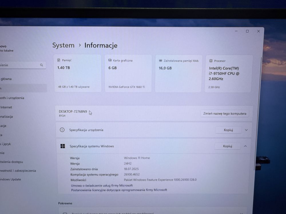 Laptop Gamingowy Lenovo Legion Y540-17IRH GTX1660Ti i7-9750HF 16GB RAM