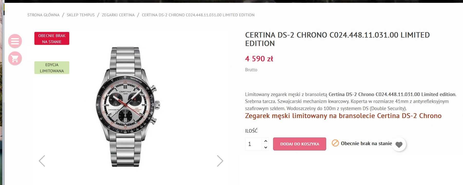 Zegarek Certina DS 2 Precidrive 1/100s Chronometer Limited Edition 125