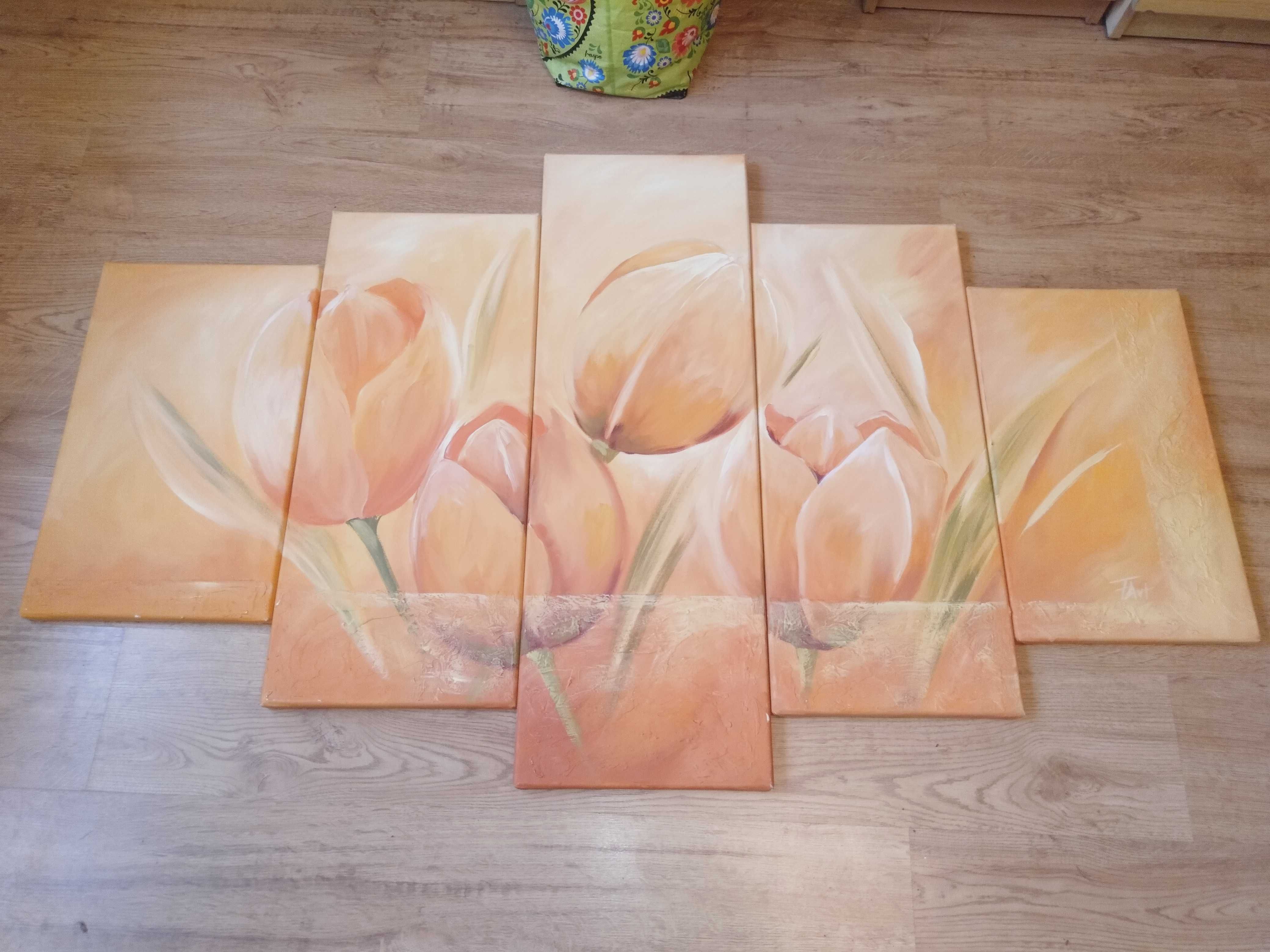 Wielo obraz malowany na płótnie Tulipany 5 szt. 90 x 70 x 50 x 30 cm