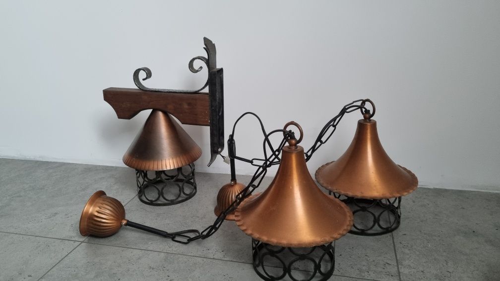 Kinket na ściane  i 2 wiszace lampy vintage miedź, stal, drewno dębowe