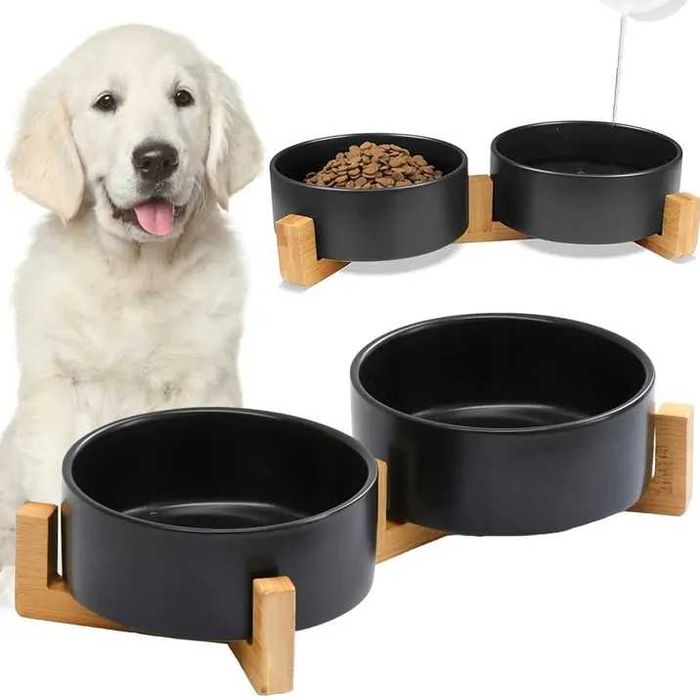 Miska dla psa kota podwójna ceramiczna miski na stojaku czarna 800ml