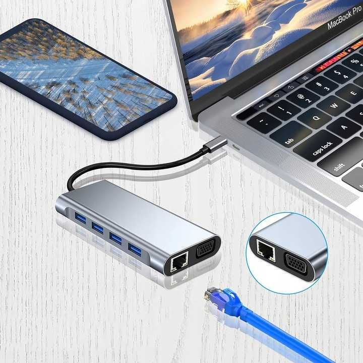 Stacja dokująca Hub usb-c 11w1 hdmi, gigabit ethernet, rj45, jack, sd