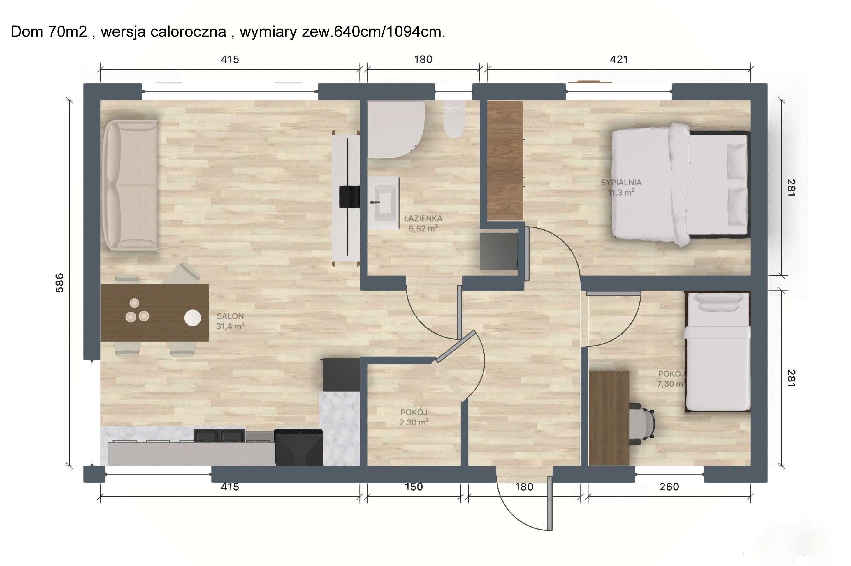 Dom modułowy całoroczny 70m2 z projektem