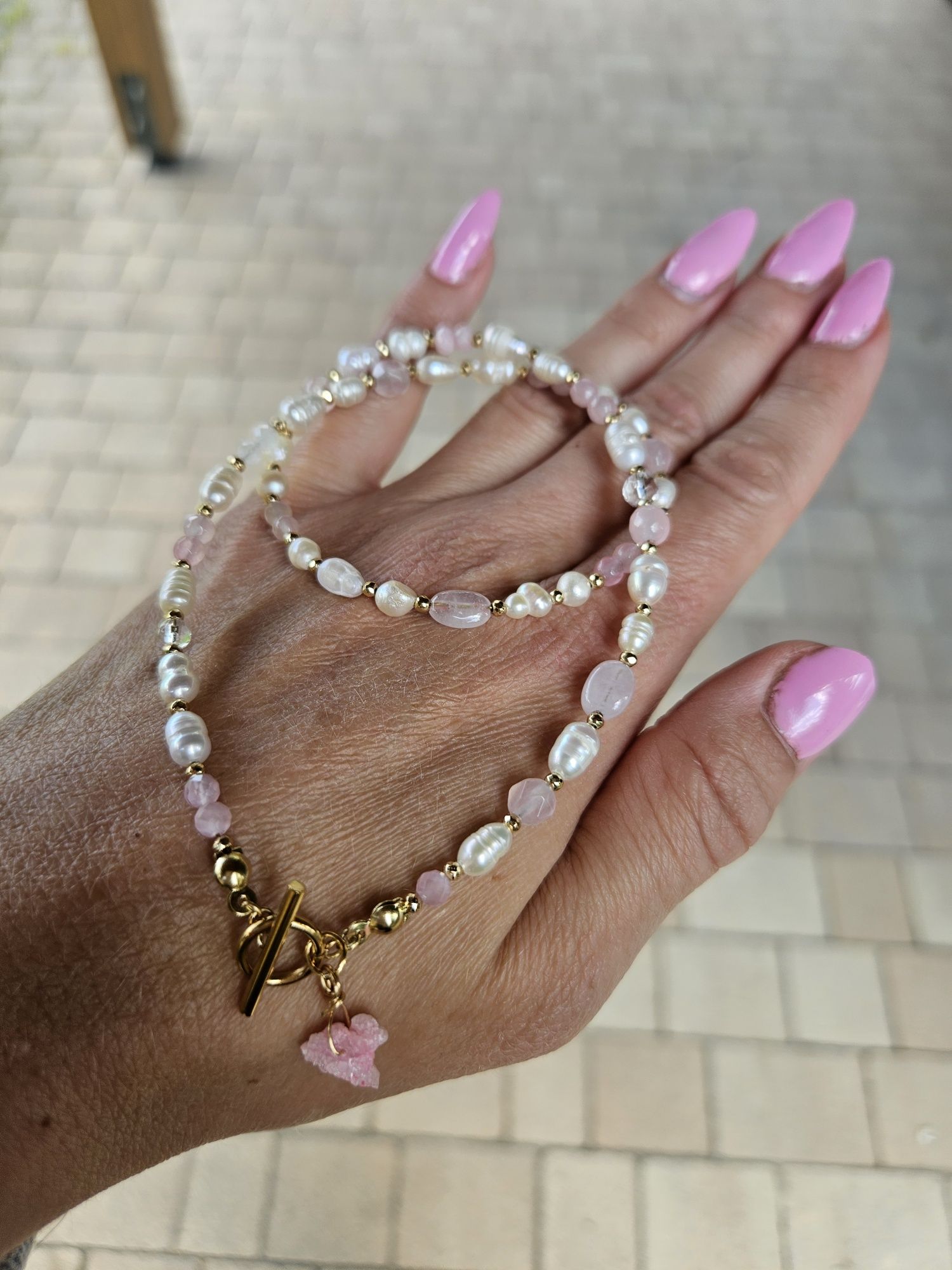 Naszyjnik Choker kamienie naturalne Perły Naturalne Kwarc Różowy Agat