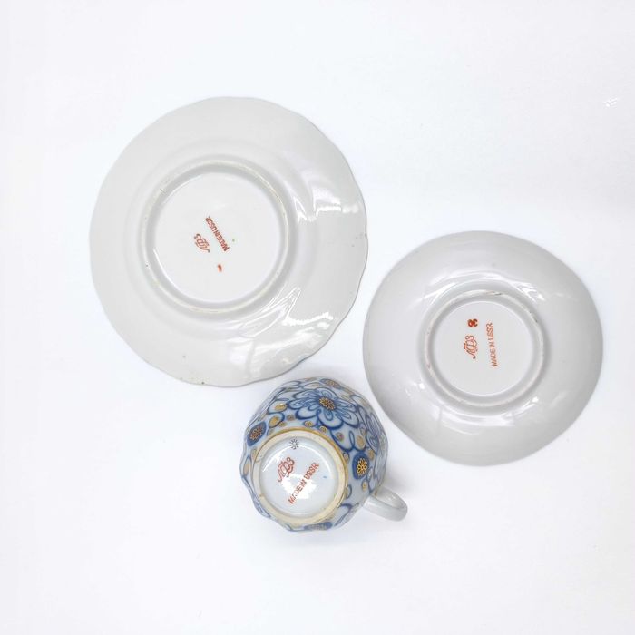 Łomonosow Trio Filiżanka Podstawek Spodek Talerzyk Porcelana Kobalt