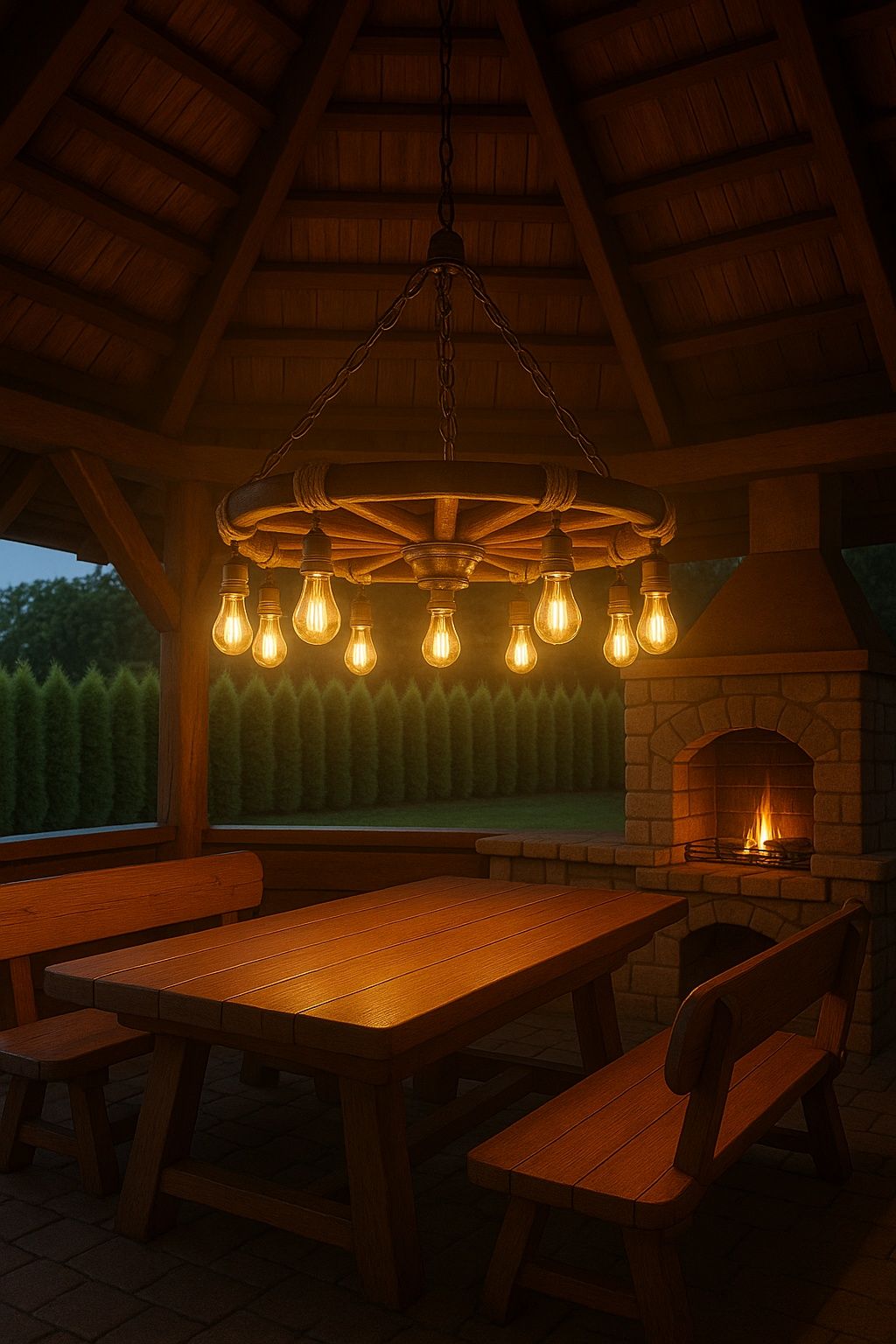 Żyrandol lampa do ogrodu altany ze starego i solidnego koła od wozu