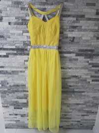 Żółta zwiewna długa sukienka, kanarkowa suknia na wesele, lato rozm S