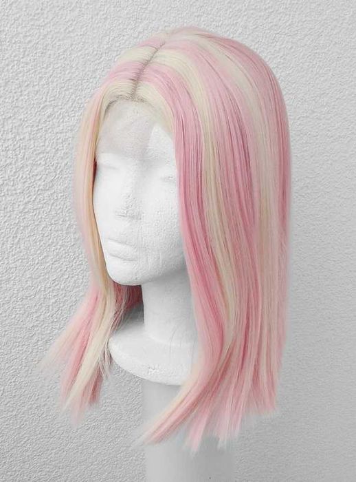 Różowa peruka z blond pasemkami przedziałek Lace Front cosplay wig