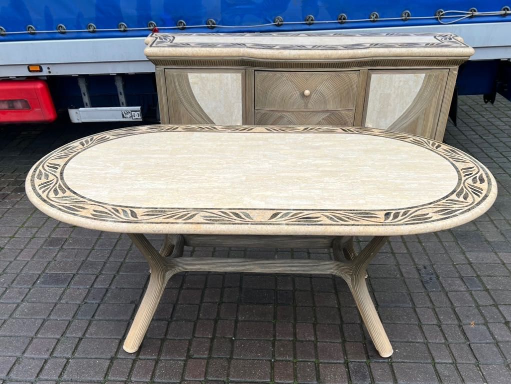 Zestaw rattanowo-drewniany komoda 6 krzeseł stół