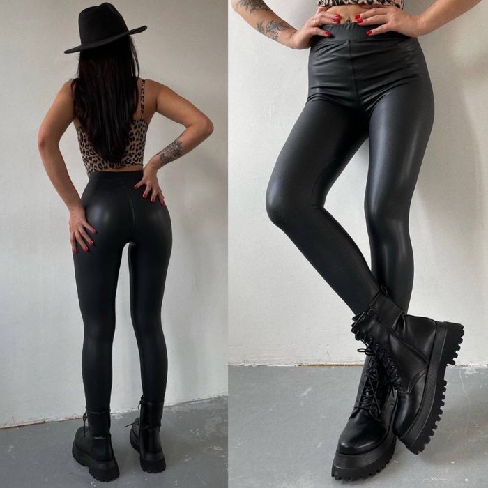 Женские кожаные лосины на флисе 42-52 S-XXL черные Утепленные флисом