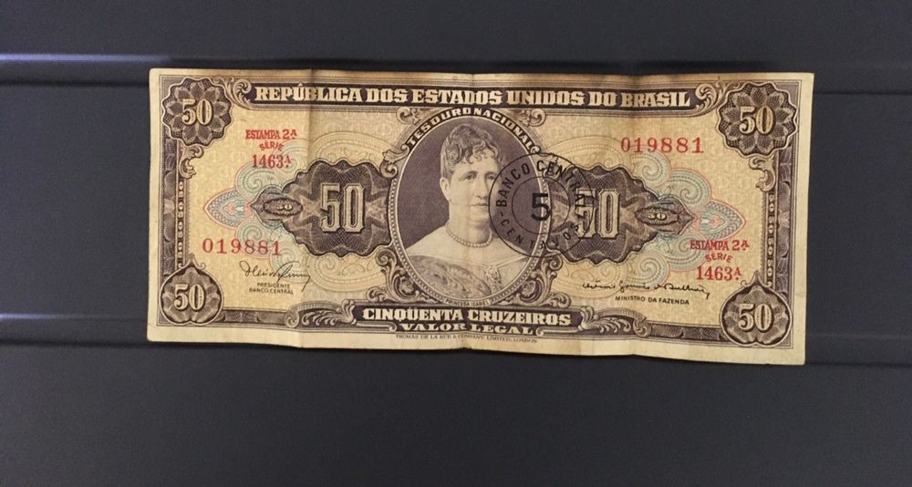 Nota 50 cruzeiros Brasil Princesa Isabel carimbada