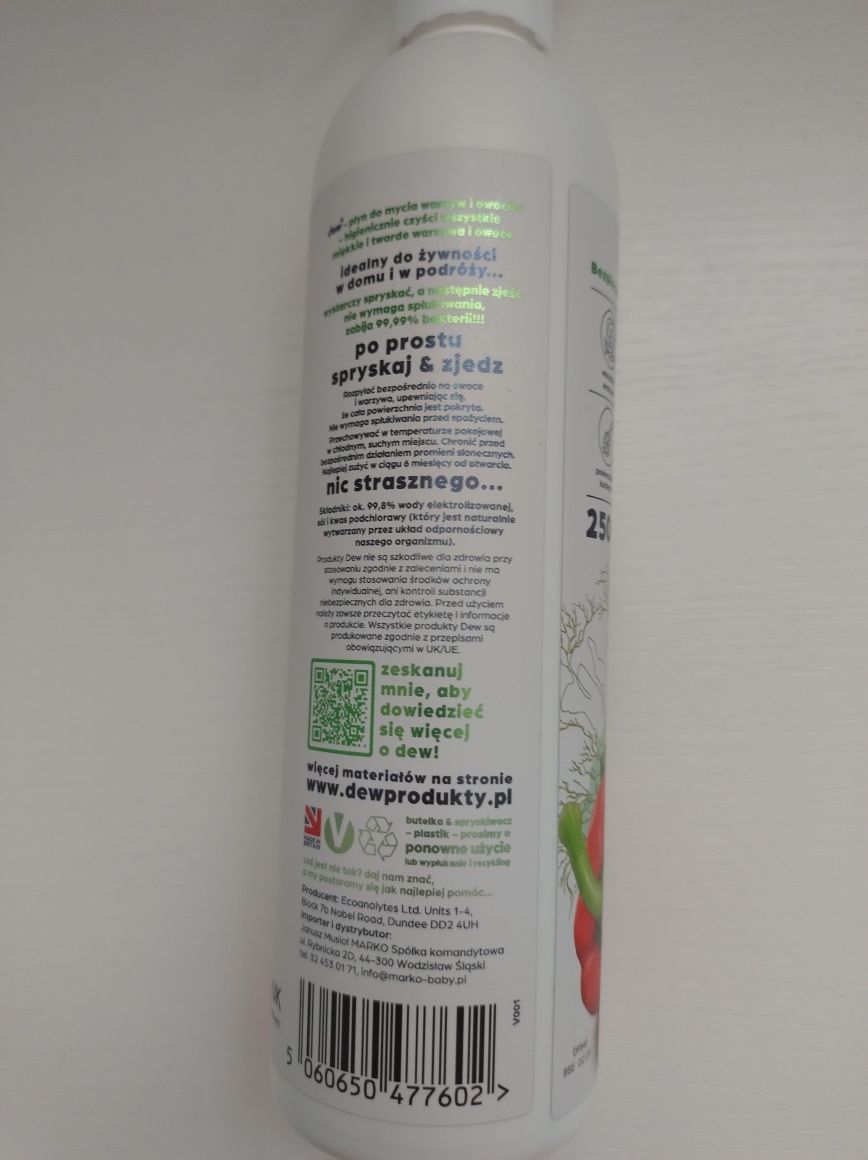 Dew ekologiczny płyn do mycia warzyw i owoców kwas podchlorawy 250 ml