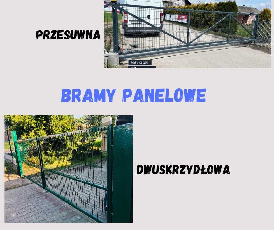 Brama  wjazdowa dwuskrzydłowa, przesuwna panelowa, furtka montaż