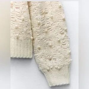 Zara knit kremowy sweter z perłami perły S 36 warkoczowy