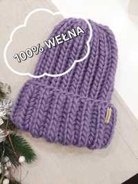 Czapka zimowa beanie handmade rękodzieło 100% wełna fiolet lawenda