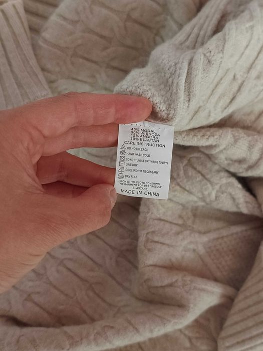 Nowy beżowy kremowy sweter z warkoczem wełna angora damski 40 L 42 XL