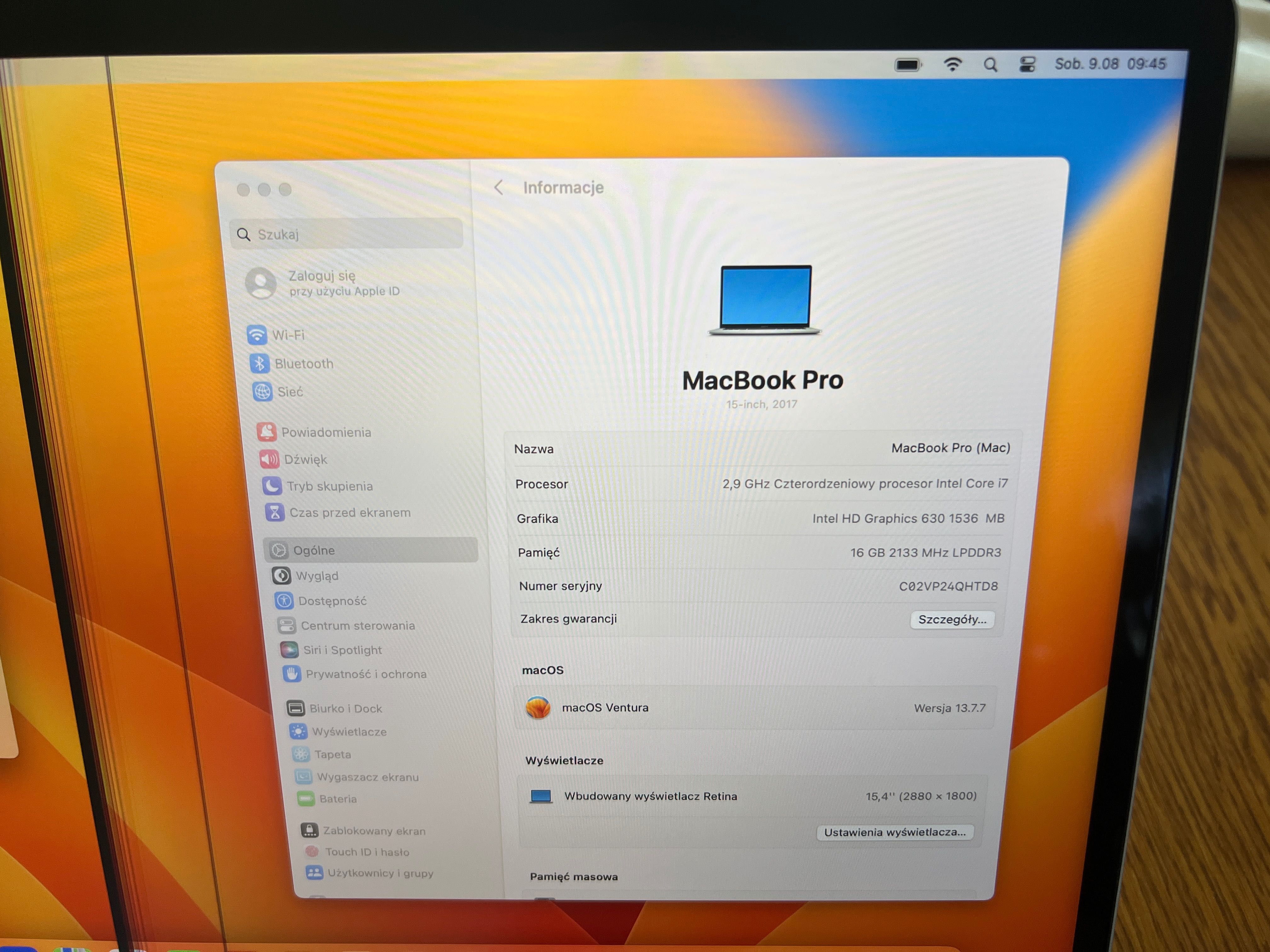 MacBook Pro 15,4" Srebrny 2017r. / 16GB / 512GB / A1707 / wada matrycy