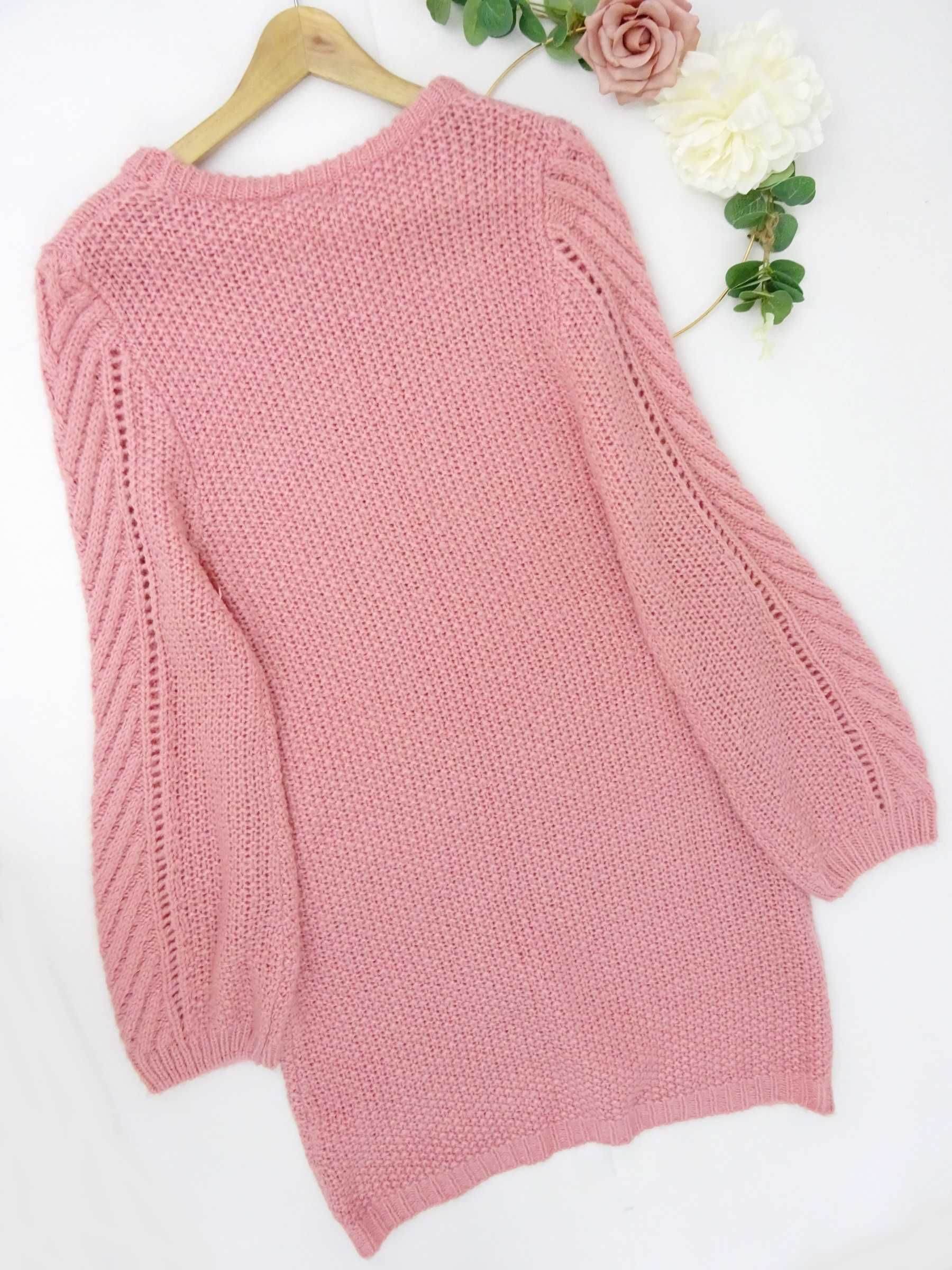 AX21 Długi sweter damski sukienka swetrowa dziergana różowa 40 L 42 XL