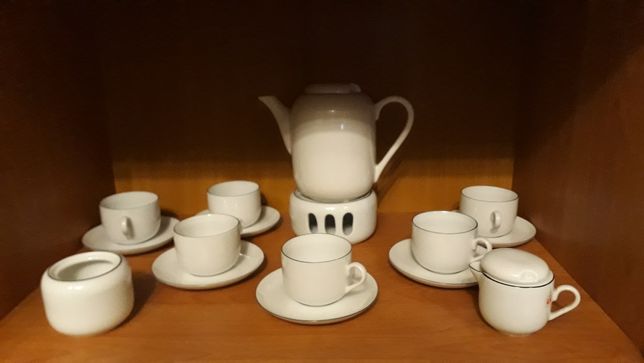 Komplet 6 filiżanki podgrzewacz mleczko cukiernica biały ceramika kawa