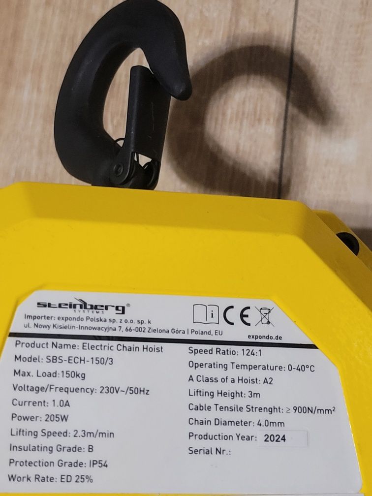 Wciągarka łańcuchowa elektryczna 150kg 3m STEINBERG SBS-ECH-150/3 1003