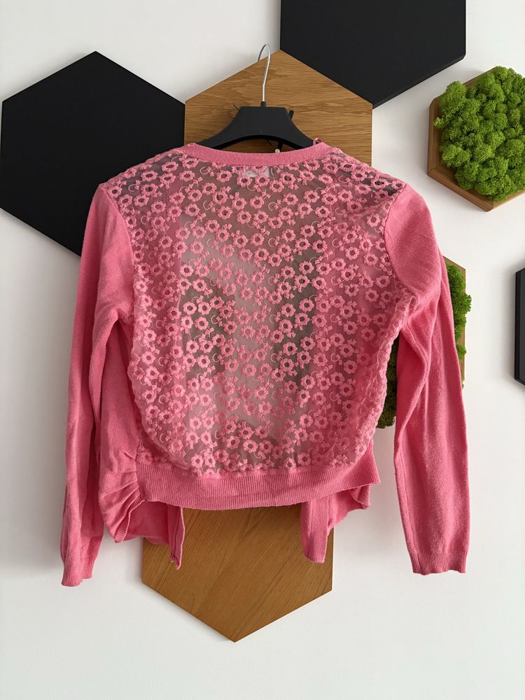 Sweter 12 L różowy bolerko narzutka z koronką new look petite